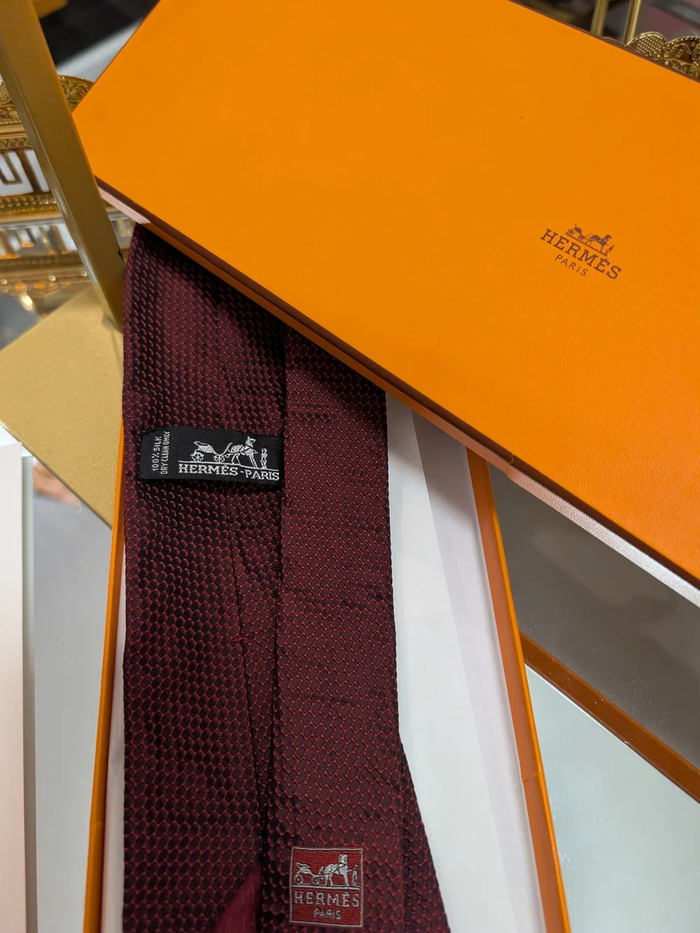 Hermes Men's Deep Burgundy Textured Silk Tie